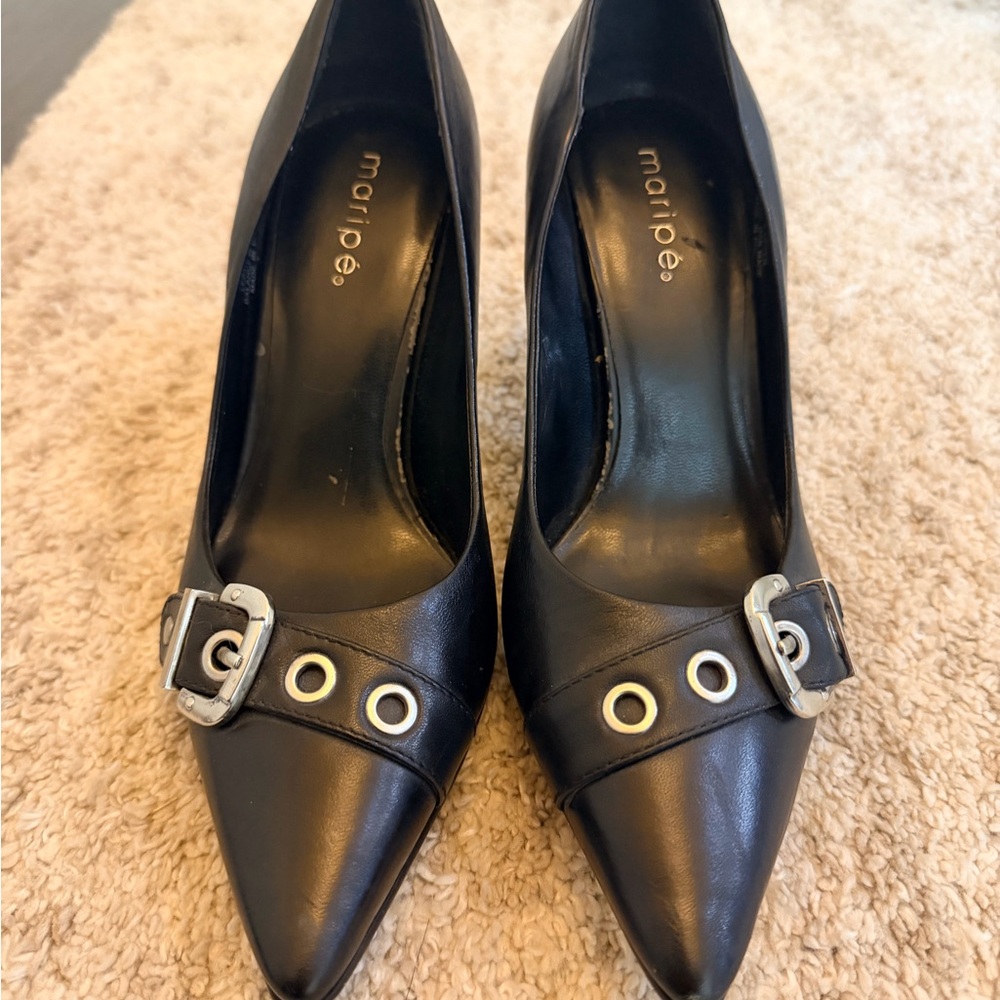 Maripe Black Leather Heels with Silver buckle and grommet strap